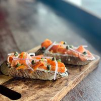 Bruschetta with Grater Goods cream cheese, carrot lox, capers, red onion at Francesca's Italian Kitchen in Christchurch