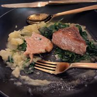 “Salmon” with cauliflower mash—chef has captured the taste, appearance and flaky texture of the real thing.  at Ka Papa Cuisine in Sarasota