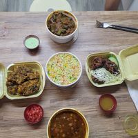 Spiced okra, some veggie fritters, rice and a chickpea dish (takeaway) at Indian Delights in Lanzarote
