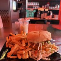Chix burger. Enough for two people. And delicious horchata in the new restaurant space    at Black Magic Mexican in Lebanon