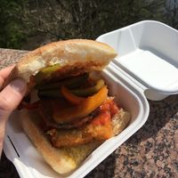 Double hash brown, vegan haggis, pickled peppers & tapatio hot sauce at Comet Pieces in Glasgow