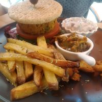 Namaste burger with onion bhaji , chutney and raita at Parsley and Thyme in Silves