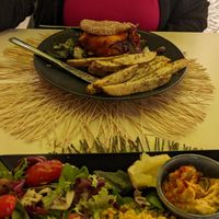 A beyond burger with numerous additions that they concocted; my wife reported that it was excellent. This was from the standard vegan menu. at Parsley and Thyme in Silves