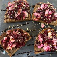 Beetroot and vegan feta bruschetta   at Parsley and Thyme in Silves