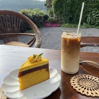 Sweet pumpkin cake + oatly latte at Pengohoda - 펜고호다 in Jeju