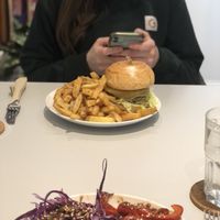 Bowl of the day and burger   at Slice + Dice in Norwich