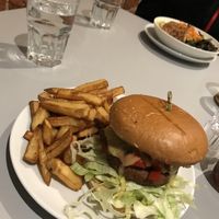 My burger and the best chips  at Slice + Dice in Norwich