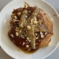 Pear and hazelnut pancakes  at Slice + Dice in Norwich