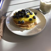 Blueberry and lemon curd pancakes! And a salted caramel matcha latte which was amazing!   at Slice + Dice in Norwich