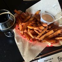 Vegan stout and sweet potato fries  at Tony's Darts Away in Burbank