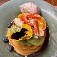 Vegan Pancakes with extra vegan vanilla ice cream   at Faire Brunch & Drinks in Barcelona