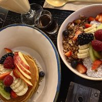 Vegan pancakes and chia puddingg  at Faire Brunch & Drinks in Barcelona