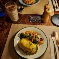 Egg benedict avocado and vegan pancakes at Faire Brunch & Drinks in Barcelona