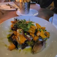 Garden Pea & mint pancake.  With winter squash, sage, sun dried tomatoes, roasted red onions and vegan feta cheese. at The Abinger Hatch in Dorking