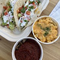 Brisket, Mac and tacos. Ending up throwing the Mac and brisket away… not that good 😕 at Vegan Mob in Oakland