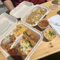 Spaghetti & shrimp was the only good things. Don’t get the brisket, had to throw it away. Lacked flavor, chx dry noodles oily, Mac meh. at Vegan Mob in Oakland