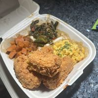 Chicken, greens, smackeroni, and candied yams!  at Vegan Mob in San Bruno