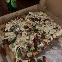 Ortolano as a Sicilian with vegan cheese. $37 on 5/17/22 - half the pizza pictured.  at Pizzeria Bacio Ristorante in Poughkeepsie