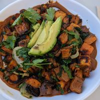Sweet potato hash w/out animal products (added avocado) at Paperboy in Austin