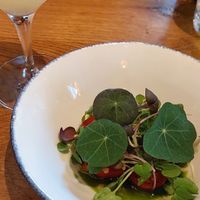 Tomato / Almond / Green Strawberries / Watercress. NA Pairing: Green Tea Kombucha at Bistro Lupa in Copenhagen
