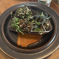 Eggplant steaks with crunchy quinoa and a balsamic reduction  at Bistro Lupa in Copenhagen