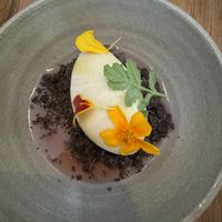 Matcha vegan ice cream on Carob with rhubarb syrup   at Bistro Lupa in Copenhagen