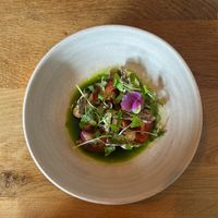 Tomato appetiser with soy cream cheese and balsamic vinaigrette at Bistro Lupa in Copenhagen