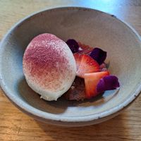 Lemongrass Ice Cream
  with Miso Cookie and Strawberry cream at Bistro Lupa in Copenhagen