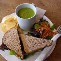 Humus and red pepper sandwich and Mint &pea soup. at The Beech Cafe in Petersfield