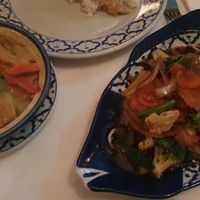 Green curry with vegan chicken and ginger stir fry at Thai Garden in Galway