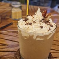 Vegan banana shake with vegan whipped cream at Italdo  in Tulum