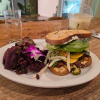 Breakfast sandwich with crispy purple sweet potato. at Island Vintage Wine Bar in Honolulu