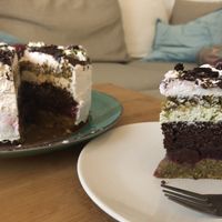 Custome birthday cake (flavours, pistachio and Schwarz walder kirsch) 😍 at Kjeks - Schanze in Hamburg