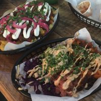 Dirty fries with slow cooked jackfruit and a burrito bowl - gluten free & vegan.  at Cantina Carnitas in Hitchin