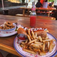 Hoagie Fries and Oyster Mushroom rings with Galvania Sparkling Red Grapefruit Juice...oh my! at DC Vegan in Washington