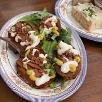 potato skins appetizer (focaccia appetizer in the background)  at DC Vegan in Washington