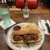Meatball sandwich with fries  at DC Vegan in Washington