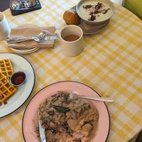 Pumpkin Waffles, Biscuits and Gravy, Potato and Leek Soup. at Acorn Community Cafe in Eugene