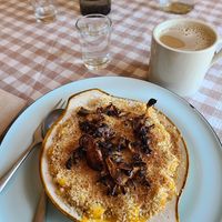 Pasta gratin with mushrooms and a vanilla au lait to drink. Fabulous. at Acorn Community Cafe in Eugene