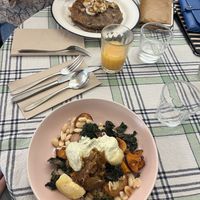 Autumn has, banana buckwheat pancakes, house made juice  at Acorn Community Cafe in Eugene