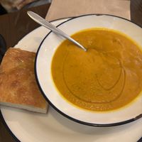 Carrot soup plus foccacia  at Acorn Community Cafe in Eugene