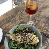 Tahini eggplant and vermut  at Fat Veggies in Barcelona