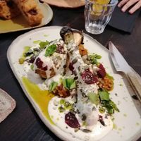 Umami eggplant dish (blurry, sorry) at Fat Veggies in Barcelona