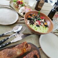 Vegan eggplant&cashew, green curry and focaccia at Fat Veggies in Barcelona