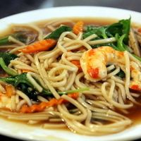 Noodles with mock seafood like mock prawns.  at Evergreen Vegetarian - Phsar Chas in Phnom Penh