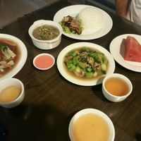 noodle with seitan on the left. set  menu  on the  right  at Evergreen Vegetarian - Phsar Chas in Phnom Penh