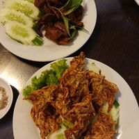 FRIED mushroom and fried chicken at Evergreen Vegetarian - Phsar Chas in Phnom Penh