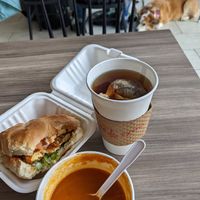 Crispy tofu sandwich and tomato chickpea soup (and cute dog) at Cafe Pyrus in Kitchener