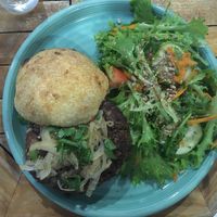 Vegan bean burger with homemade bread and salad as a side at Intz48 Coffee Roasters Azores in Sao Miguel
