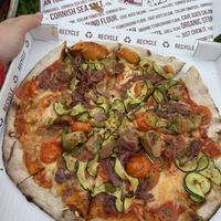 Vegan summer veggie with added vegan sausage   at Stoned Pizza in Woolacombe